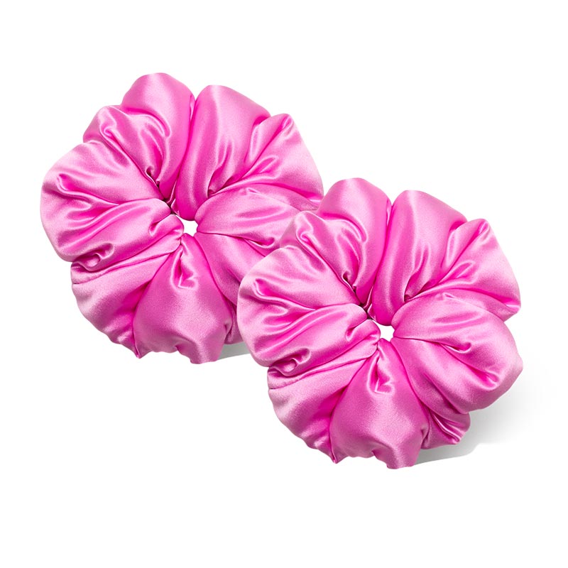 Two vibrant Hot Pink Hotel Paradiso - Heatwave Padded Scrunchies by us.drowsysleepco are displayed on a white background—perfect for adding color and supporting hair thickness.