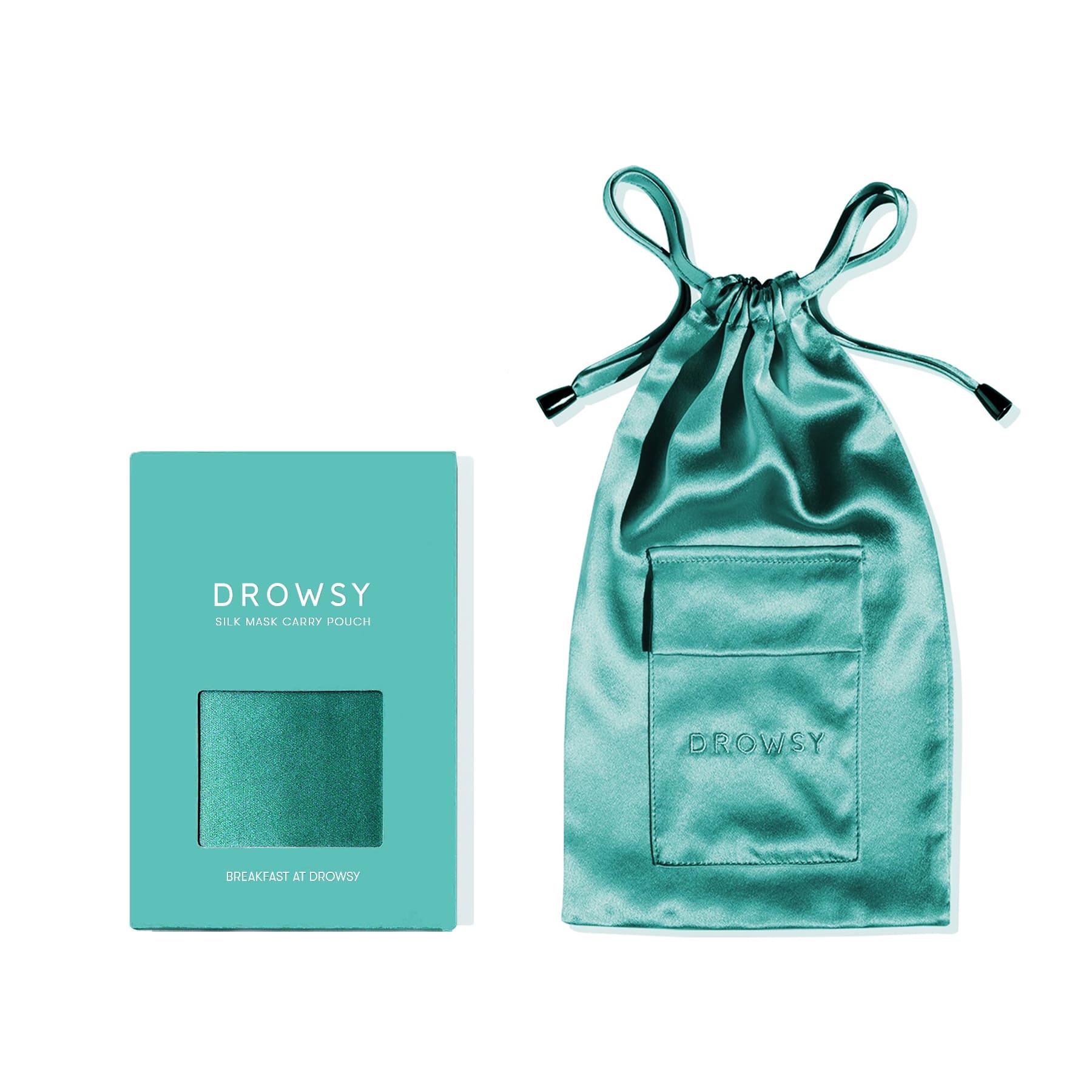 The Breakfast at Drowsy Carry Pouch by drowsysleepco is a teal mulberry silk pouch with drawstring closure, shown with its matching teal “Drowsy” box—both featuring an elegant, minimal design ideal for your silk sleep mask.