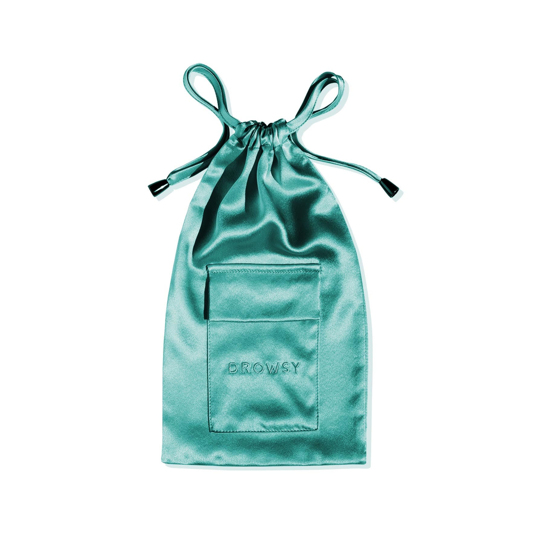 The Breakfast at Drowsy Carry Pouch by drowsysleepco is a teal satin mulberry silk pouch with a front pocket and DROWSY embroidered on it, perfect for carrying your silk sleep mask. Shown against a white background.