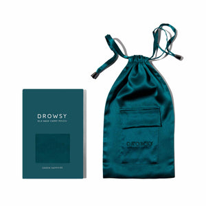 Drowsy Sleep Co. Green silk carry pouch for silk eye mask to sleep better