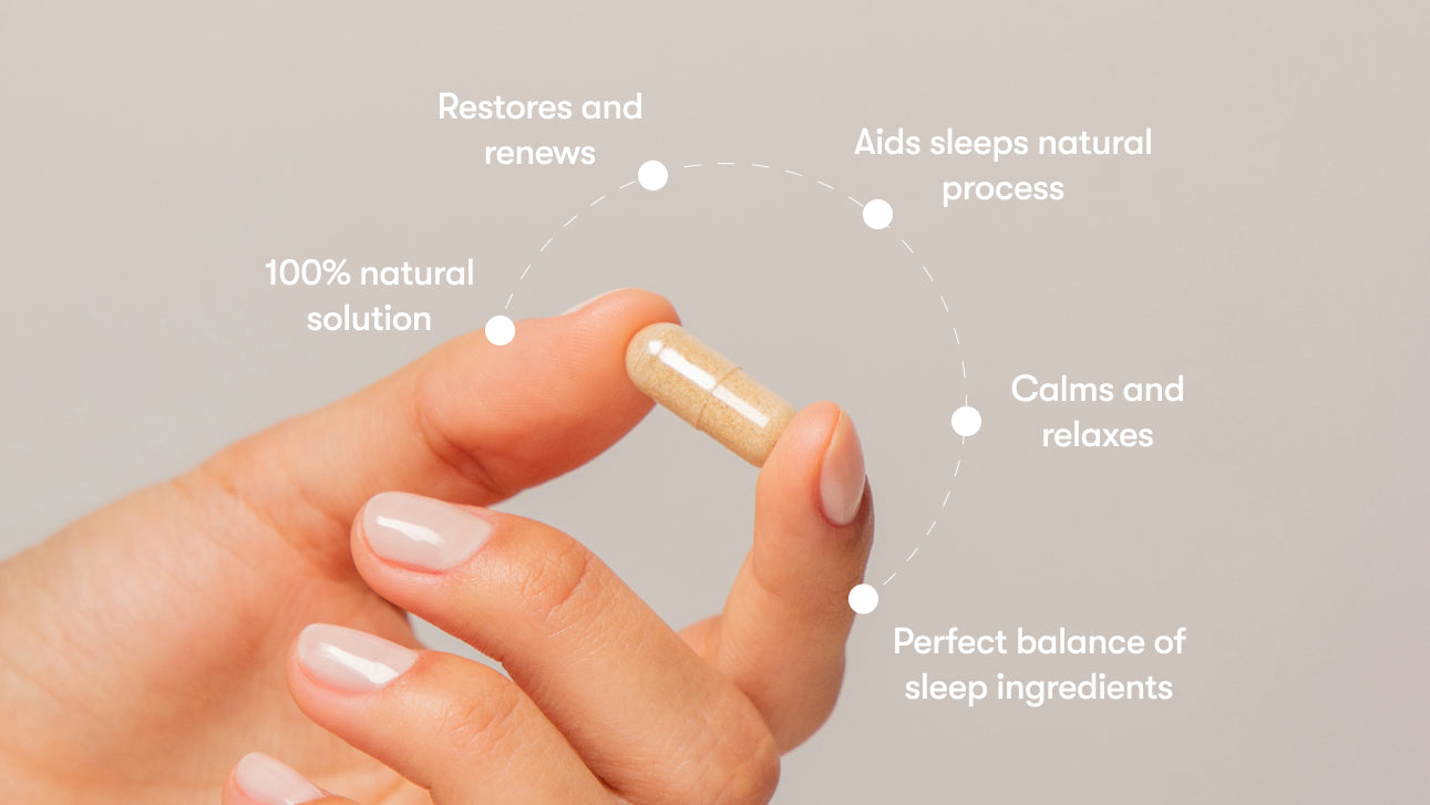 A hand holds a beige capsule with text around it highlighting benefits: 100% natural solution, restores and renews, aids sleep’s natural process, calms and relaxes, and perfect balance of sleep ingredients.