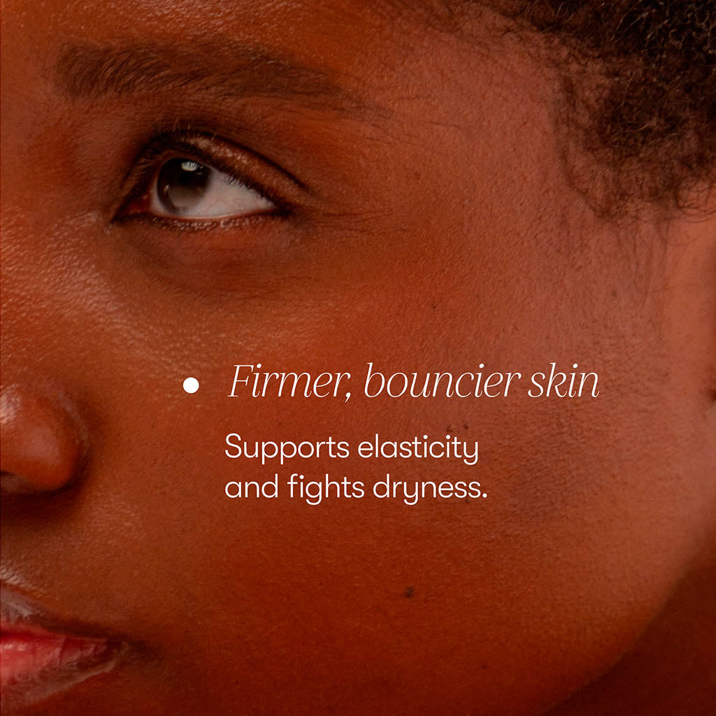 Close-up of a person’s face with smooth, healthy skin. Text: “drowsysleepco Supplements - Beauty: Firmer, bouncier skin. Supports elasticity and fights dryness for a youthful complexion.”.