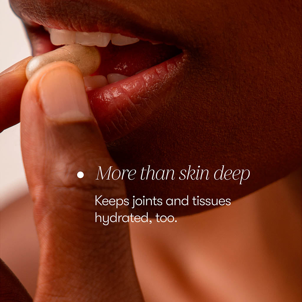 A close-up of a person holding drowsysleepco Supplements - Beauty near their mouth with text: More than skin deep. Supports collagen synthesis for hydrated joints and tissues, too.