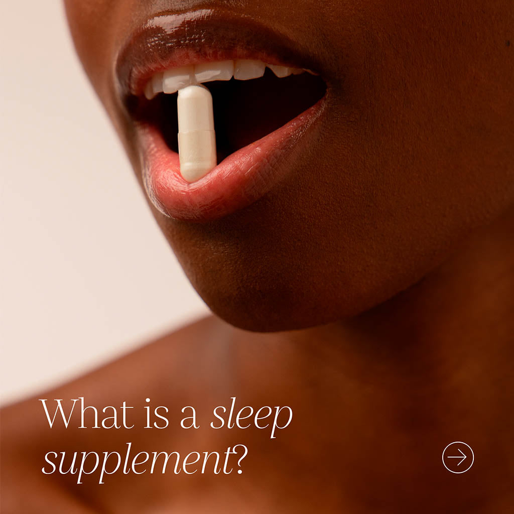 A close-up of a person’s mouth with parted lips holding a white capsule. Text in the lower left: “What is a nightly supplement for sleep?” Product: Supplements - Sleep by us.drowsysleepco.
