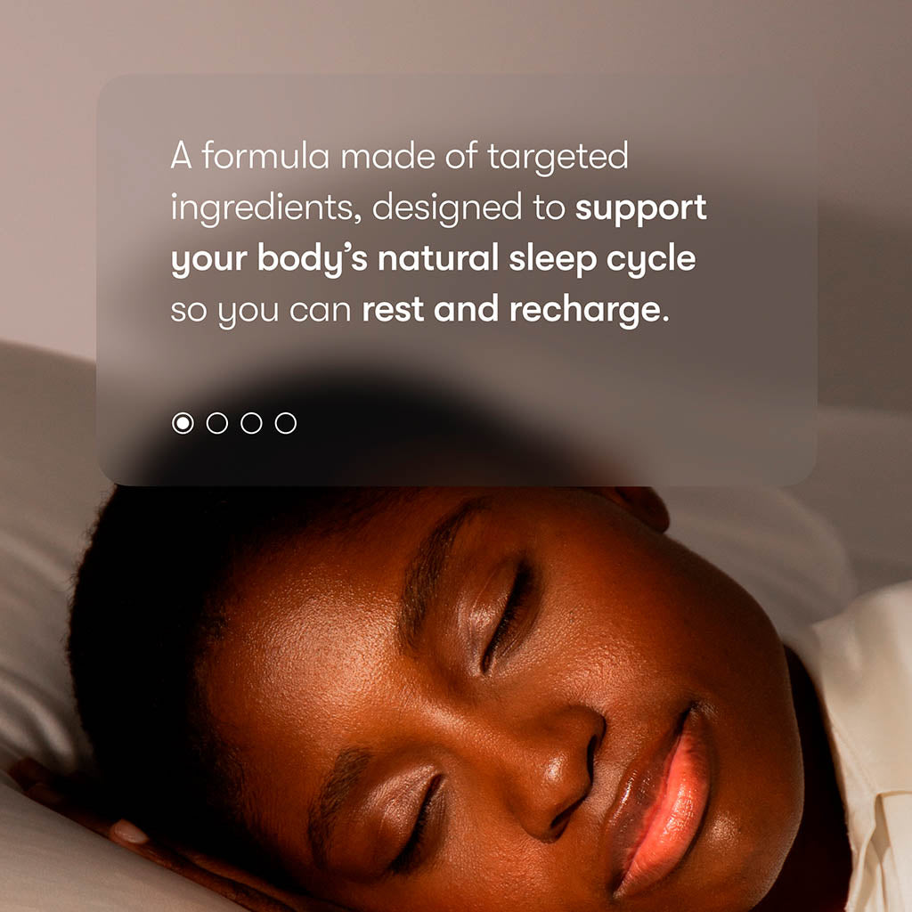 A person with short hair sleeps peacefully on a pillow. Text overlay: us.drowsysleepco Supplements - Sleep—nightly support with targeted ingredients to encourage relaxation, so you can unwind and wake up refreshed.