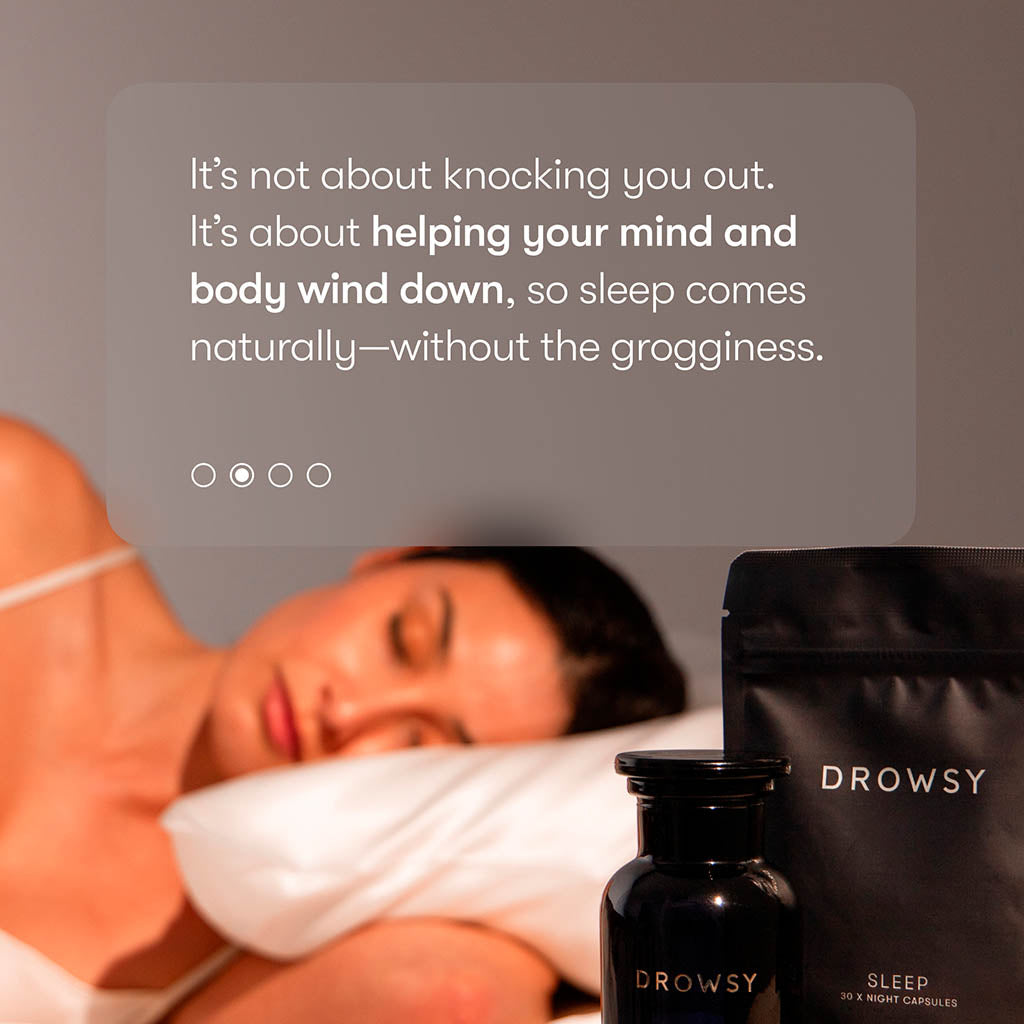 A woman sleeps peacefully on her side next to us.drowsysleepco Supplements - Sleep, with a quote above her about helping the mind and body unwind and refresh for natural sleep without grogginess.