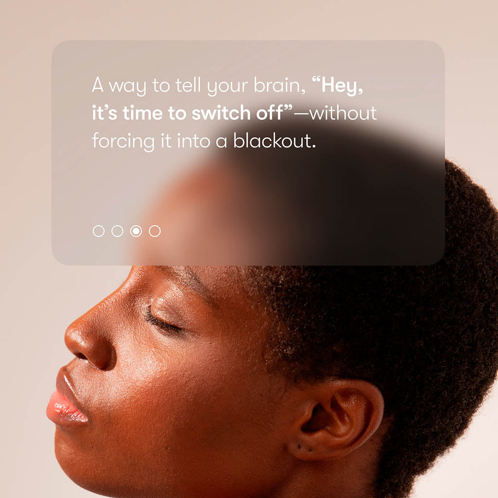 A person with closed eyes and a calm expression, facing sideways. Overlay text: us.drowsysleepco Supplements - Sleep: Tell your brain it’s time to unwind and refresh—no blackout needed.