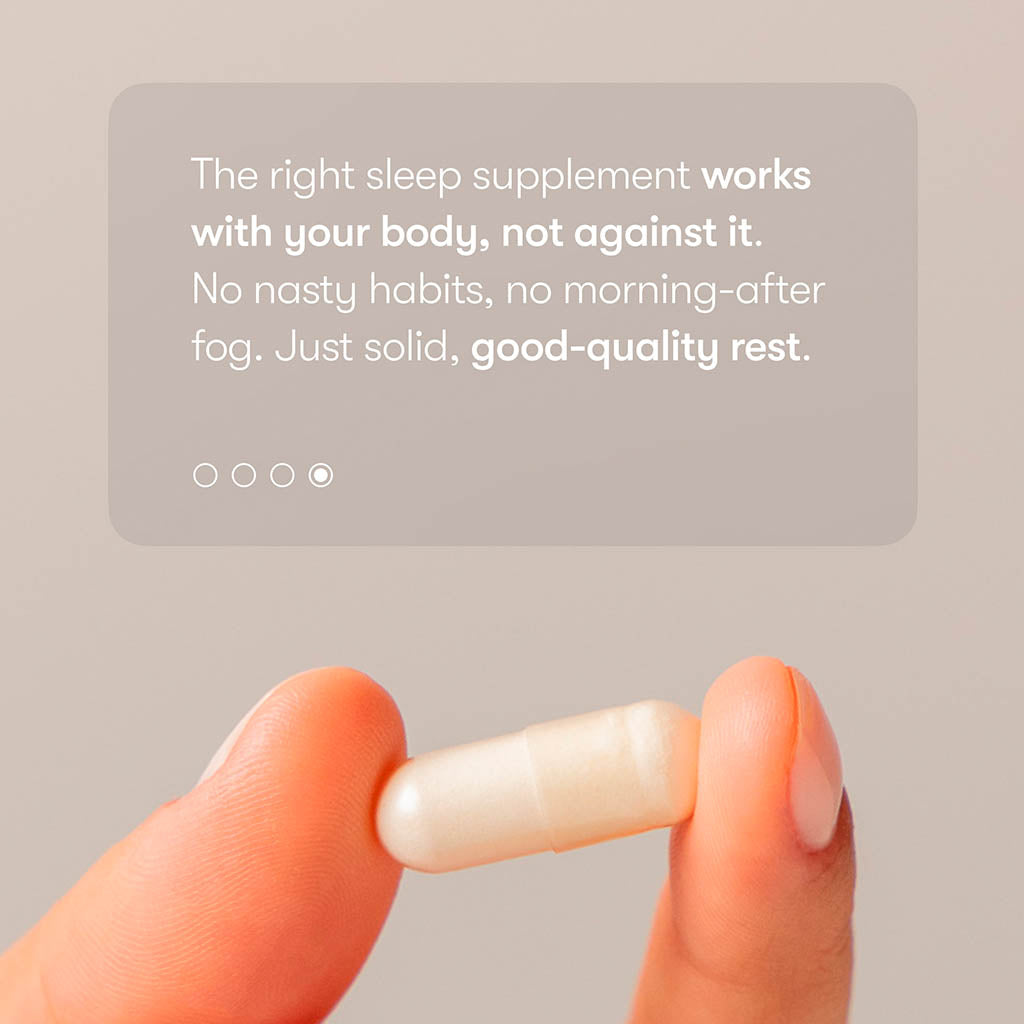A hand holds the us.drowsysleepco Supplements - Sleep capsule; text above: The right nightly supplement for sleep works with your body—no bad habits or next-day fog, just high-quality rest.