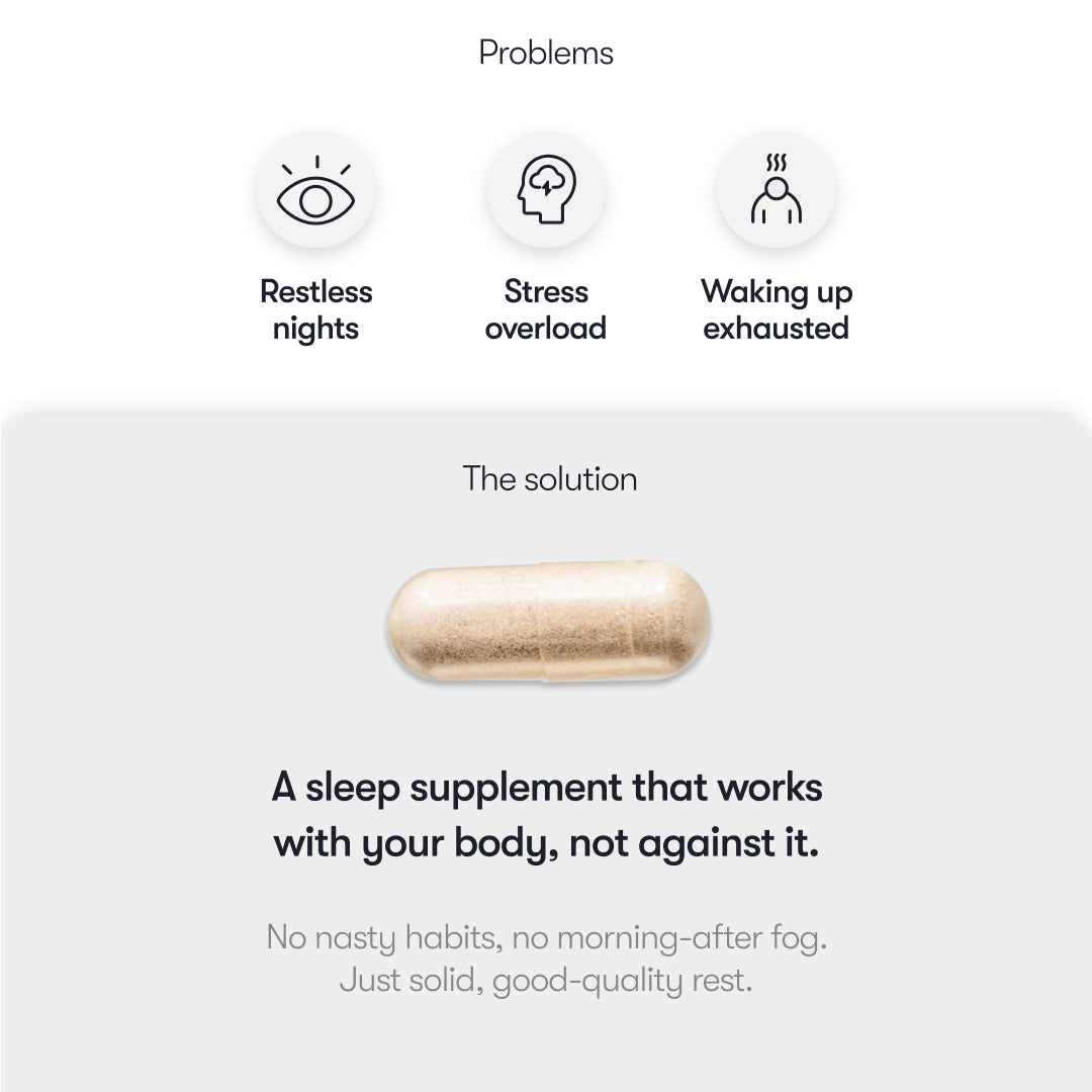 A graphic lists restless nights, stress overload, and waking up exhausted. Below, a single capsule and: Supplements - Sleep by us.drowsysleepco—your nightly supplement to relax, unwind, and wake up refreshed.