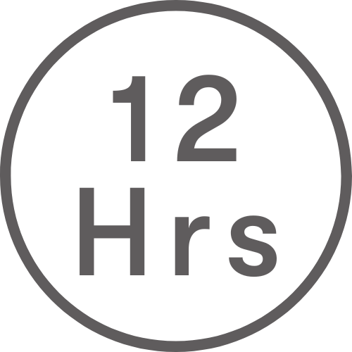 A dark circle outline contains the text 12 Hrs in bold, indicating a duration of twelve hours.