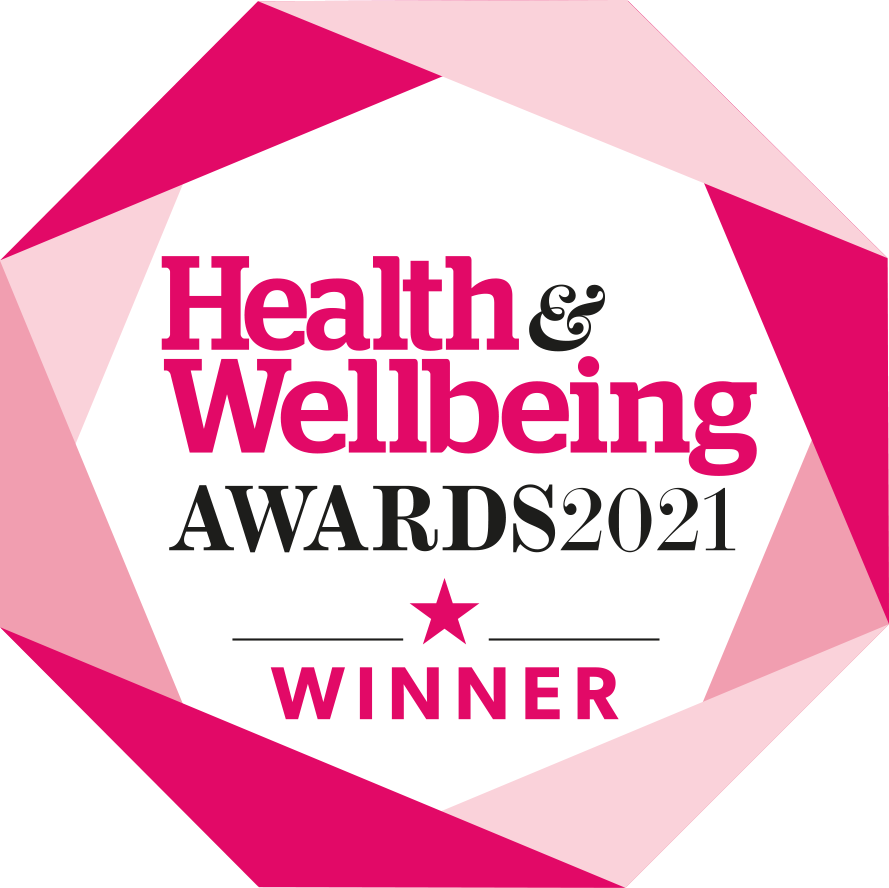 A pink and white geometric badge with the text Health & Wellbeing Awards 2021 Winner in bold letters, featuring a star below the word Winner.
