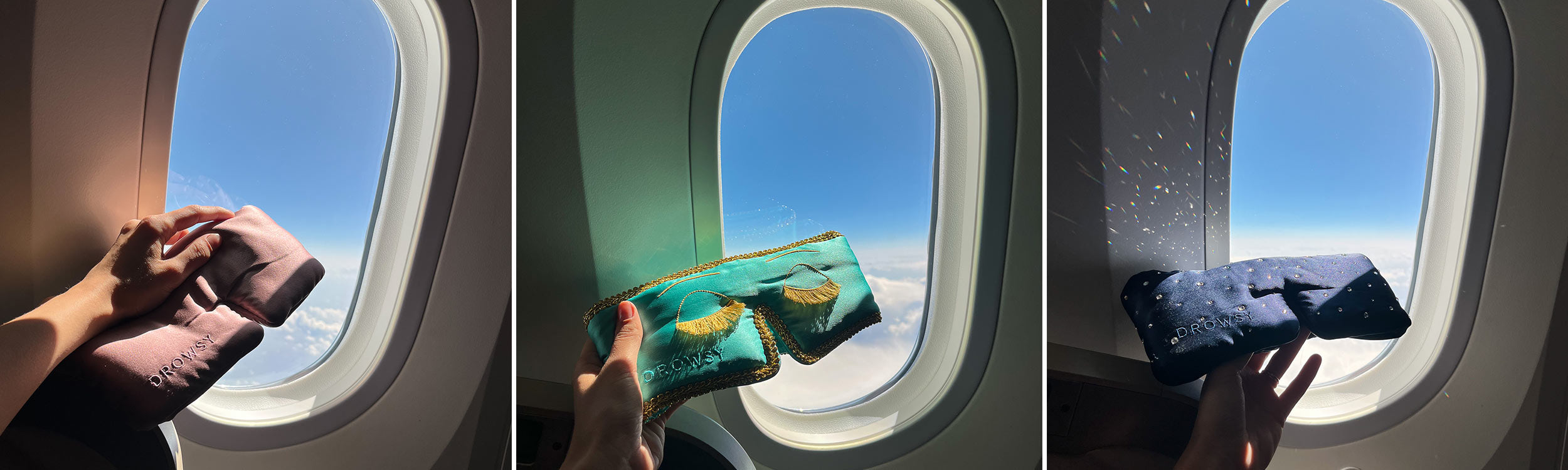 Three side-by-side photos show different hands holding themed sleep masks in front of an airplane window, with blue sky and clouds visible outside. The masks are pink, turquoise with gold eyelashes, and navy with a star.