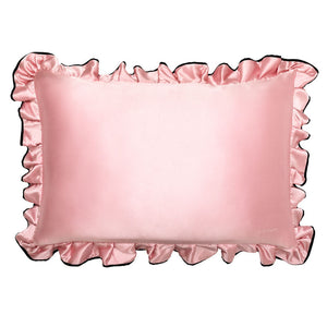 The drowsysleepco Sleep and the City - Pink & Black Pillowcase features a rectangular pink satin design with ruffled edges and a glossy finish, shown against a white background.