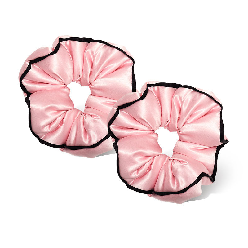 Two drowsysleepco Sleep and the City Pink Padded Scrunchies with black edges are placed side by side on a white background.