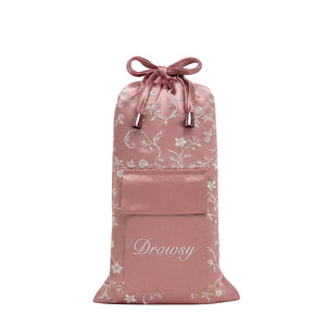 Dusty pink mulberry silk Pride & Prejudice - English Rose Carry Pouch with a white floral pattern and a front pocket embroidered with the word Drowsy.