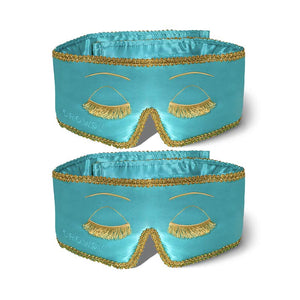The drowsysleepco 2-Pack Sleep Masks | Breakfast at Drowsy features turquoise masks with gold fringe and trim, resembling closed eyelashes, and “Drowsy” embroidered on the lower left corner, displayed flat on a white background.