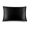 The Black Jade Silk Pillowcase by us.drowsysleepco is a rectangular black silk pillowcase with a smooth, shiny finish, shown on a white background. 