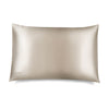 A Dusty Gold Silk Pillowcase with a subtle sheen is displayed on a white background. DROWSY appears in small letters at the bottom left—a hair-protecting, skincare-essential silk pillowcase.
