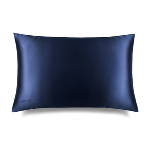 The us.drowsysleepco Midnight Blue Silk Pillowcase features a rectangular, dark blue design with a subtle logo—ideal for skincare, beauty routines, and protecting hair. Shown on a white background.