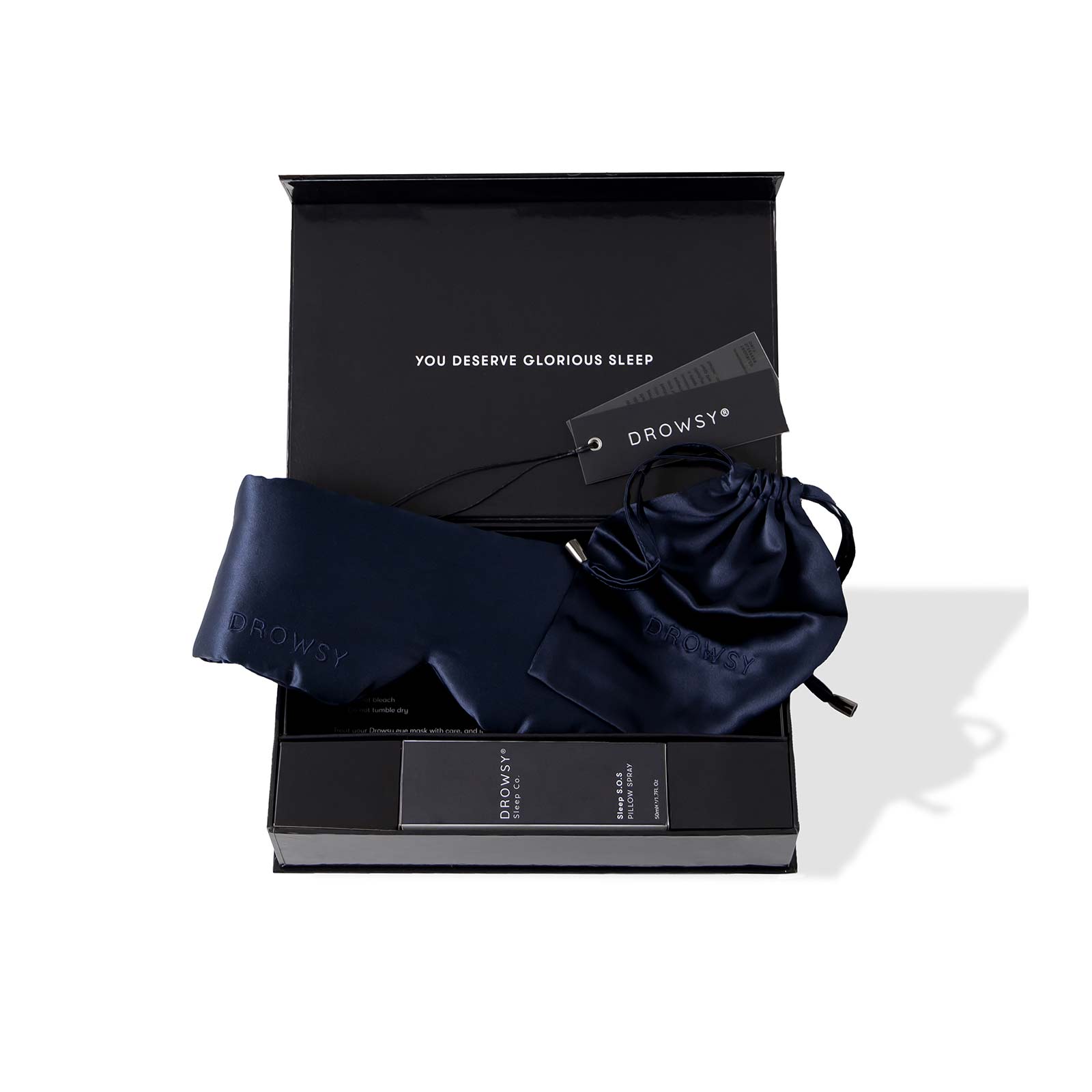 Drowsy Sleep Co. Midnight BlueSilk Sleep Mask Gift Set with open lid on white background