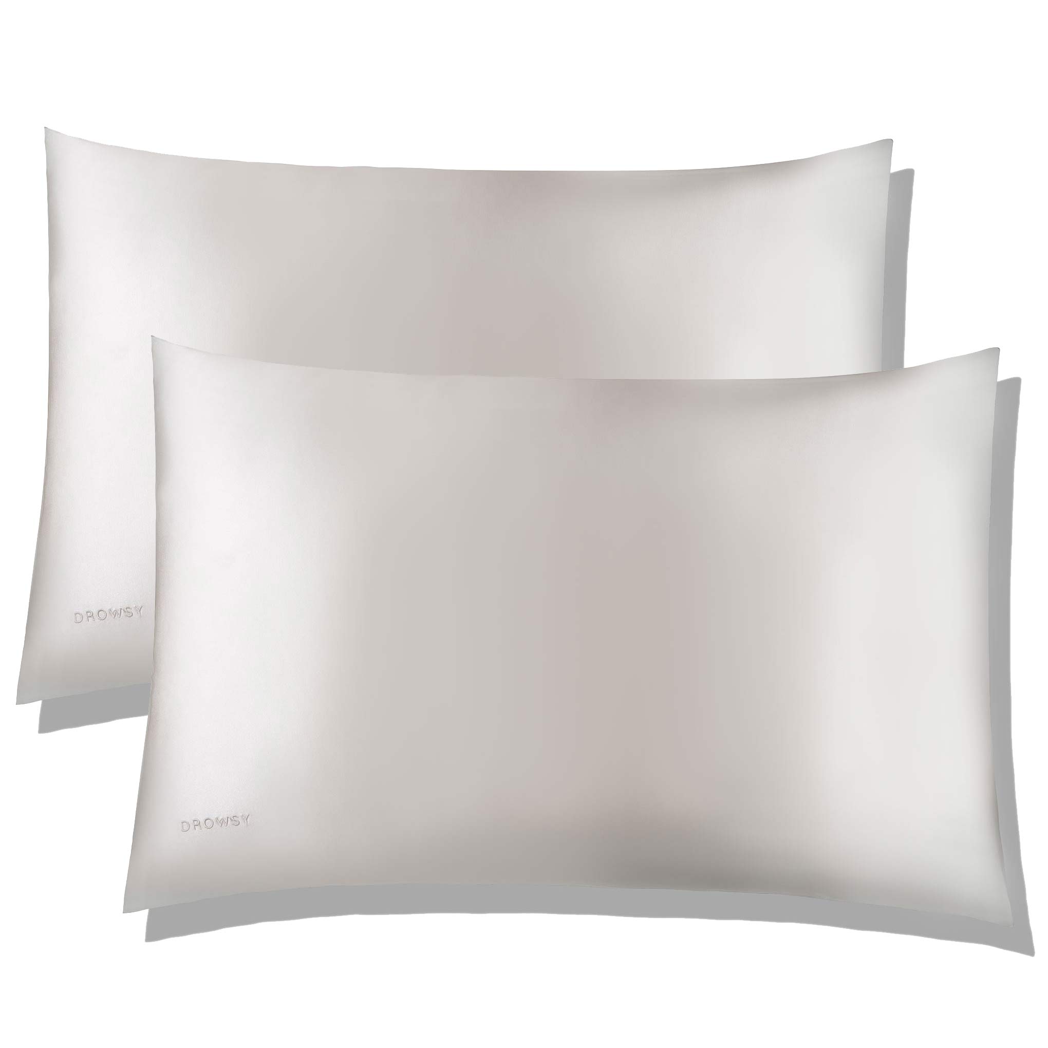 Two rectangular Akoya Pearl Silk Pillowcases (King Size) by us.drowsysleepco in smooth, light gray silk overlap on a white background. Each features a small stitched logo—shiny fabric thats essential for skincare and protects hair.