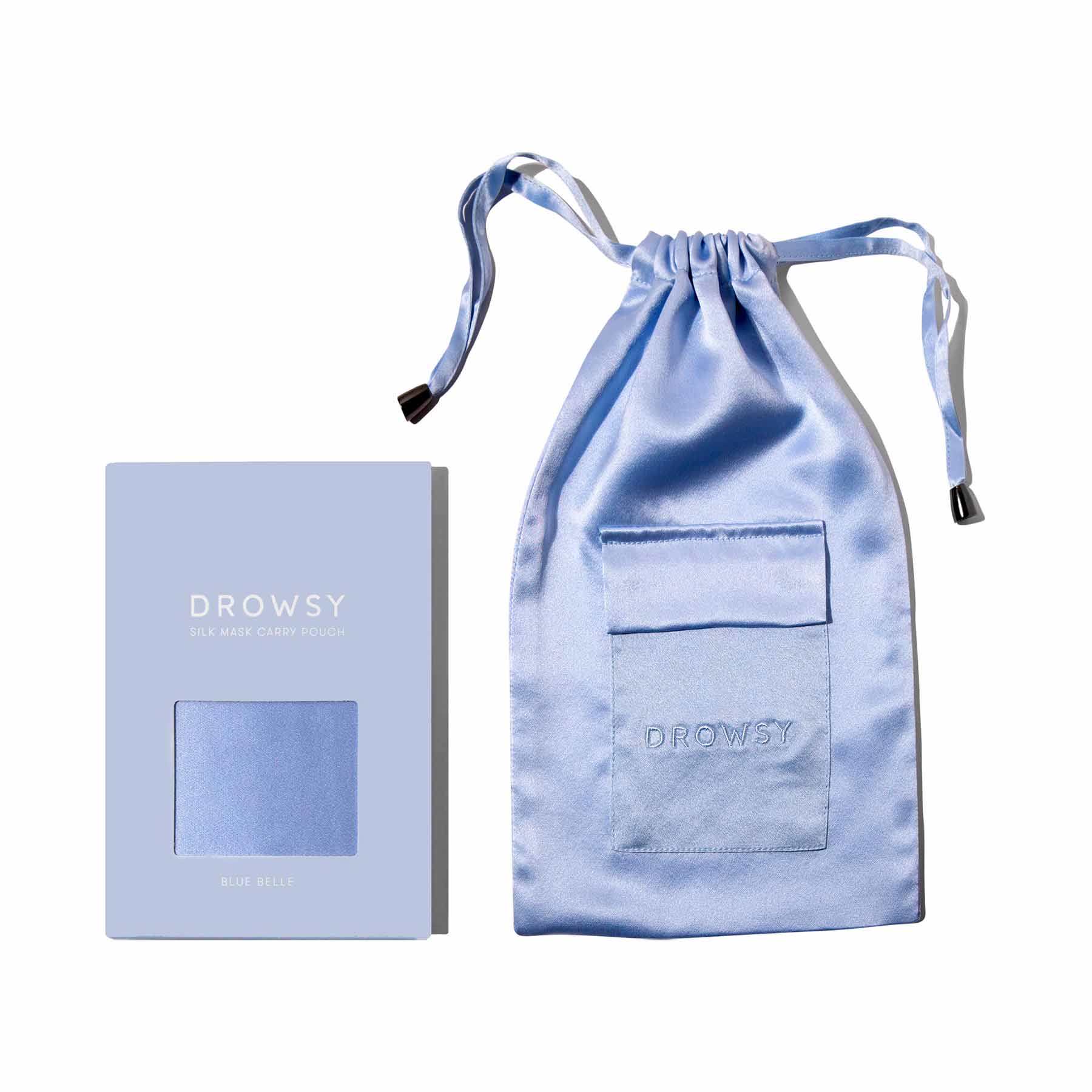 A light blue silk drawstring pouch with a small front pocket and a matching light blue box labeled Drowsy Silk Mask Carry Pouch in white text, both on a white background.