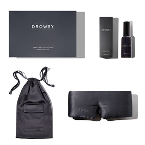 Experience the Moonlight Shadow - Deep Sleep Collection by us.drowsysleepco: a luxury silk sleep mask, matching pouch, deep sleep pillow spray, all in a sleek black box.