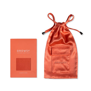 The us.drowsysleepco Summer Coral Silk Carry Pouch features a sleek, satin finish and minimalist design with a drawstring. Paired with matching packaging, it’s perfect for storing your silk sleep mask.