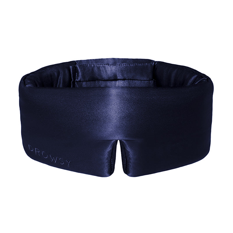 Luxury blue Drowsy silk sleep mask on white background