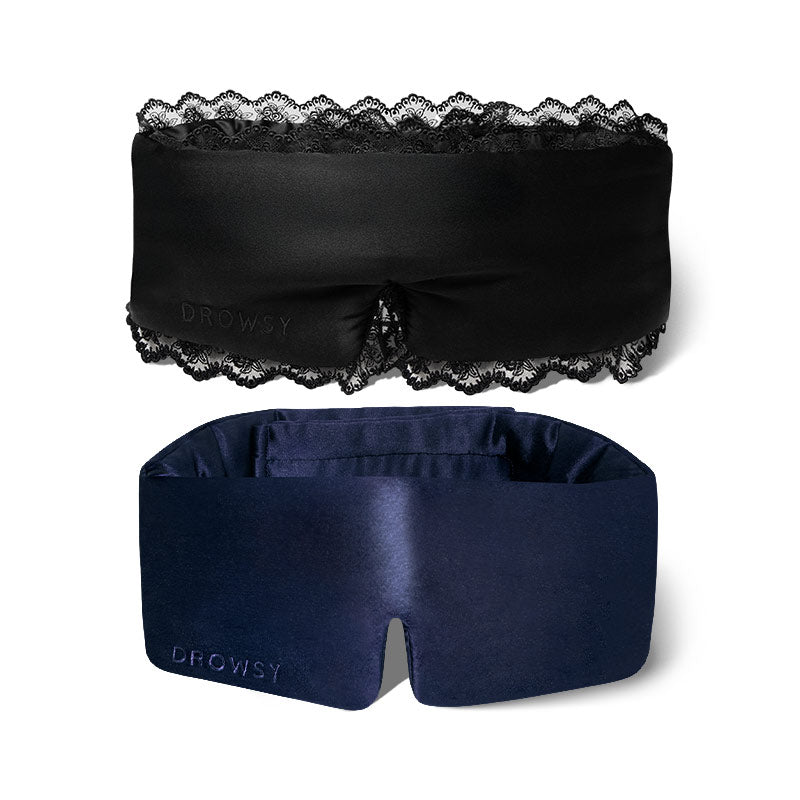 A 2-pack of sleep masks from drowsysleepco, featuring the Paris Love Story and Midnight Blue designs.