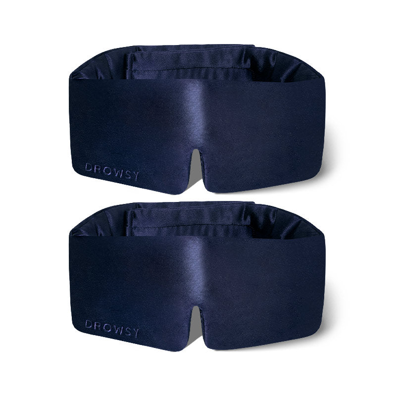 Two drowsysleepco 2-Pack Sleep Masks in Midnight Blue with "DROWSY" embroidered on the bottom left, shown on a white background.