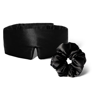 The drowsysleepco Silky Skin & Hair Bundle - Black Jade, featuring a pure silk sleep mask and matching black scrunchie, is displayed on a white background.