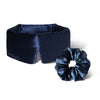 The Silky Skin & Hair Bundle – Midnight Blue by drowsysleepco features a luxurious dark blue silk sleep mask with DROWSY embroidery and a matching silk scrunchie, displayed together on a white background.