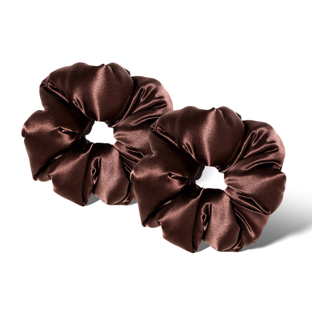 The us.drowsysleepco Cocoa Glow - Padded Scrunchie, shown side by side on a white background, features soft, shiny fabric and a gathered design. This overnight hair accessory helps promote thickness and prevent damage.