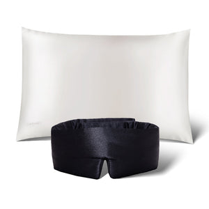 The Perfect skin bundle Black Jade by drowsysleepco, featuring a white silk pillowcase and black silk sleep mask, is displayed against a white background—the ideal duo for nightly beauty sleep.