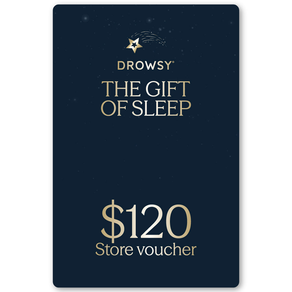 The Drowsy Sleep Co. Gift Card from us.drowsysleepco features a dark blue design with a gold star, "Drowsy The Gift of Sleep" at the top, and "$120 online store voucher" in bold gold lettering at the bottom.