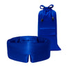 The drowsysleepco Royal Blue Sleep Mask + Pouch, both featuring a smooth, shiny finish, are displayed together—the luxurious blue sleep mask is placed in front of its matching satin drawstring pouch.