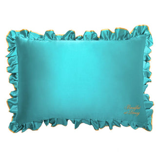 The drowsysleepco Breakfast at Drowsy - Turquoise Pillowcase is a rectangular teal satin cover with ruffled edges, gold trim, and 