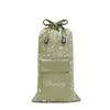 Pride & Prejudice - Sage Carry Pouch, a sage green mulberry silk drawstring pouch featuring a white floral pattern and a front pocket embroidered with the word Drowsy.